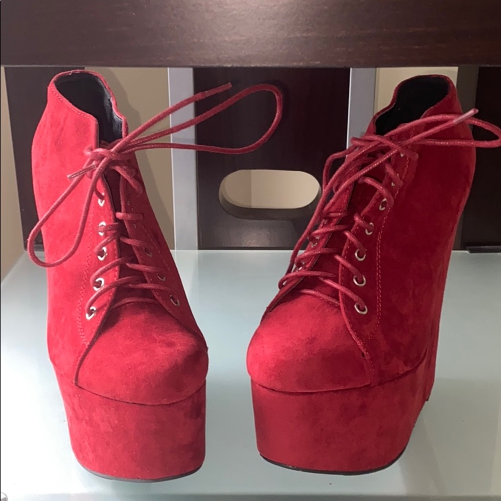 Lace up red wedges